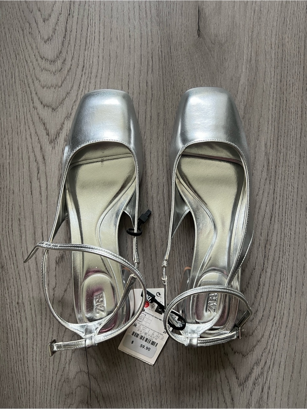 Zara Metallic Silver Ankle-Strap Square-Toe Heels